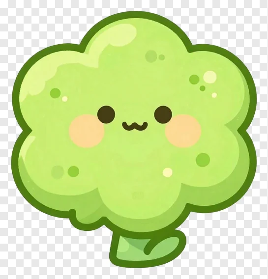 A cute, smiling broccoli character with rosy cheeks.