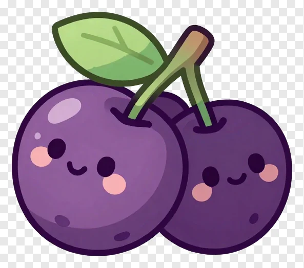Two cartoon purple berries with a leaf.