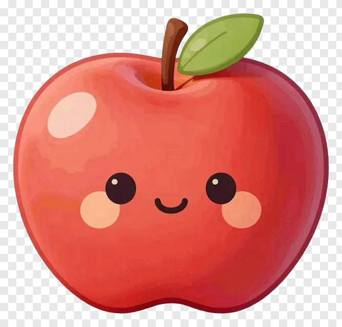 A red apple with a smiling face and a green leaf.