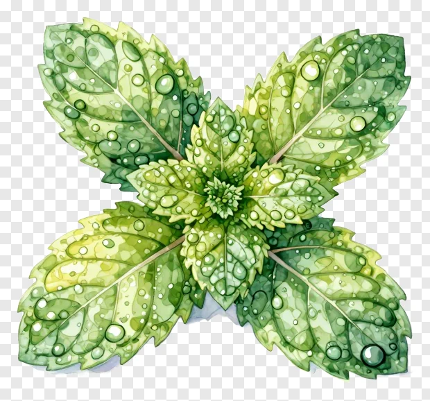 Mint sprig with dew drops on leaves.