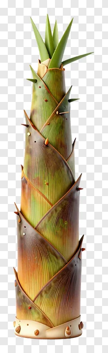 A close-up of a young bamboo shoot with layered sheaths and emerging leaves.