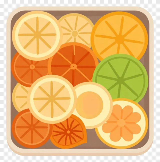 A flat-style illustration of dried citrus fruit slices in a box.