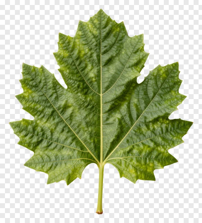 A green leaf with detailed veins on a white background.