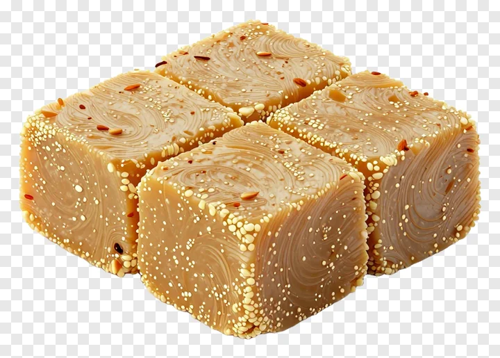 Four pieces of kaju katli sweet arranged in a cluster.