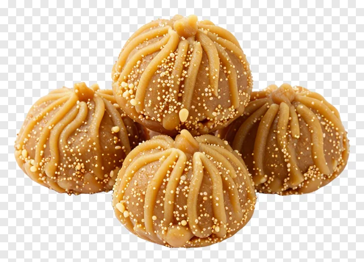 Four Durga Puja sweets with decorative swirls and sprinkles.