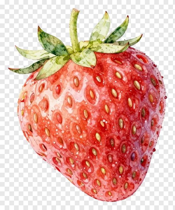 A ripe red strawberry with green leaves.