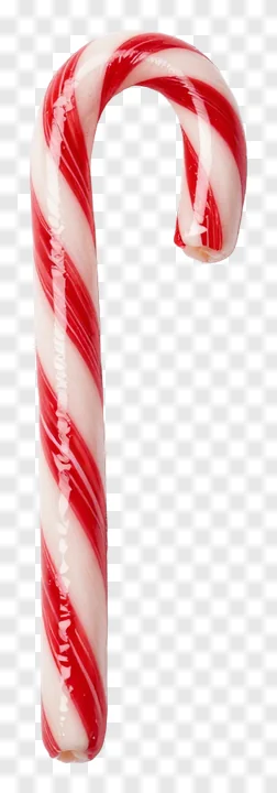 A red and white striped candy cane with a glossy surface.