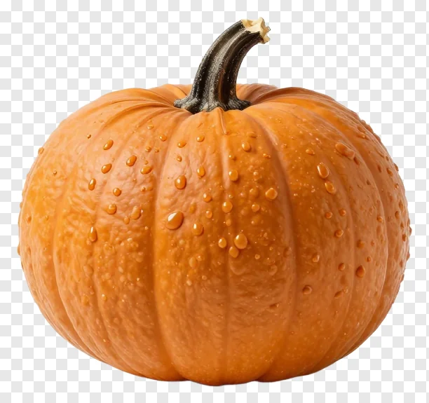 An orange pumpkin with water droplets on its surface.