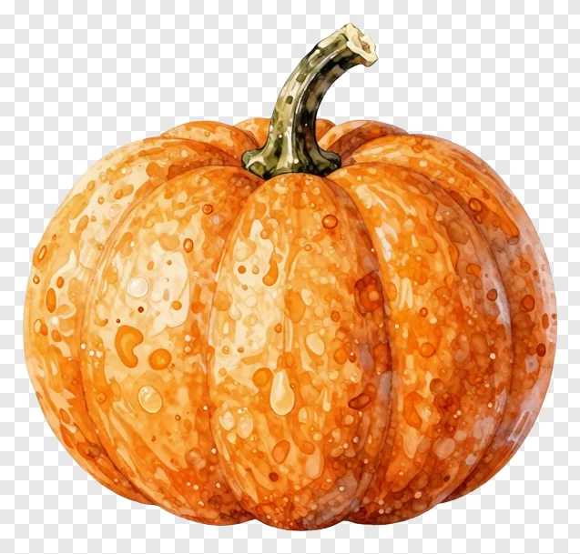 An orange pumpkin with a watercolor texture and water droplets.