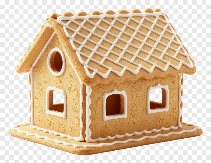 A gingerbread house with a crisscross roof design.