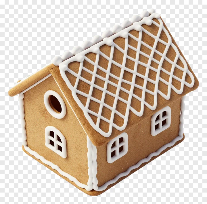 A gingerbread house with a grid-patterned icing roof.