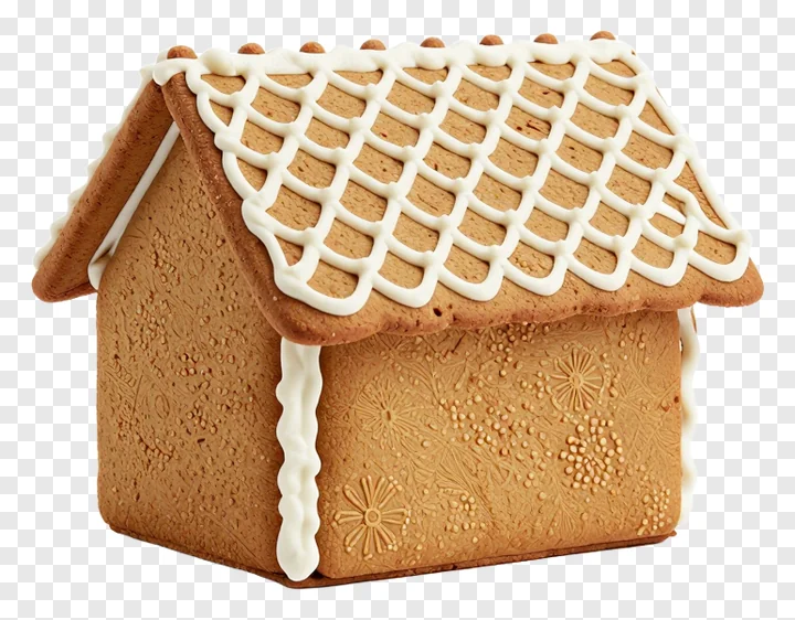 A gingerbread house with a white icing grid roof.