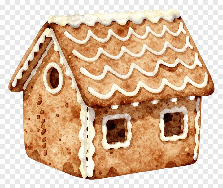 A gingerbread house with white icing on the roof and windows.
