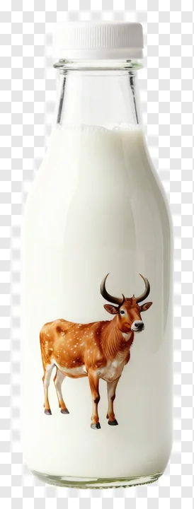 A glass milk bottle with a bull illustration on its side.