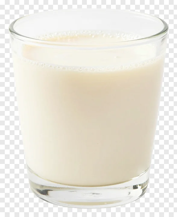 A glass containing a white, frothy beverage.
