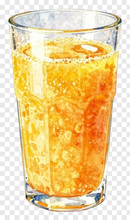 A glass of orange juice with bubbles.