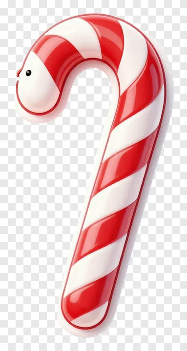 A red and white striped candy cane with a smiling face.