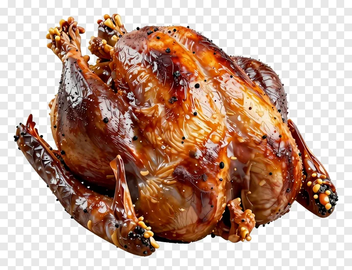 Roasted turkey covered in glossy glaze and black peppercorns.