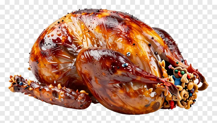 A shiny roast turkey decorated with multicolored beads.