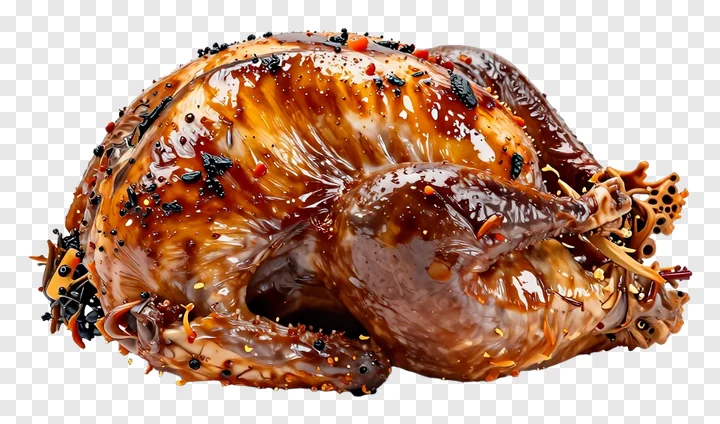 Roasted turkey covered in glossy brown sauce and spice sprinkles.