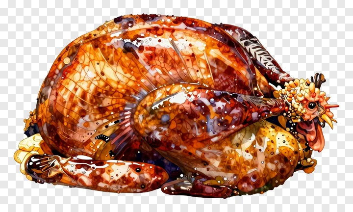 A roasted turkey with a glossy, speckled skin.