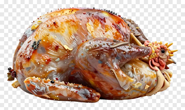 Stylized roasted turkey with spiked head decoration.