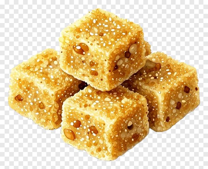 Stack of golden besan ladoo cubes with visible seeds.