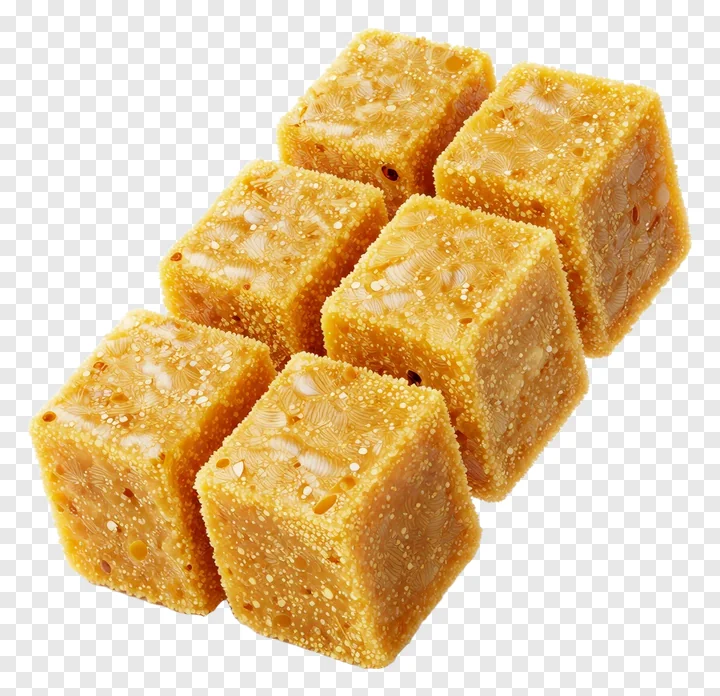 Six golden besan ladoo cubes with floral patterns.