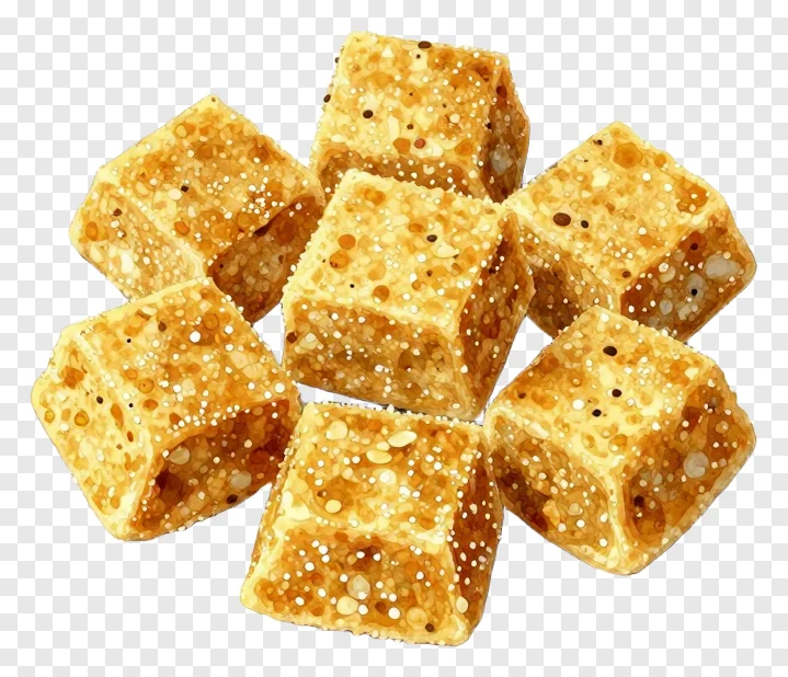 Cluster of golden besan ladoo cubes with speckled texture.