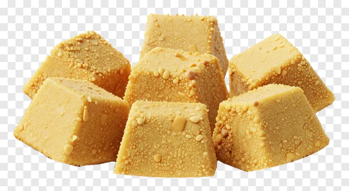 Cluster of golden besan ladoo cubes with textured surface.