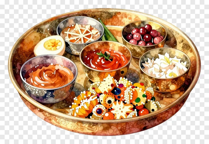 An illustrated golden Durga Puja bhog thali filled with sweet treats and ritual items.
