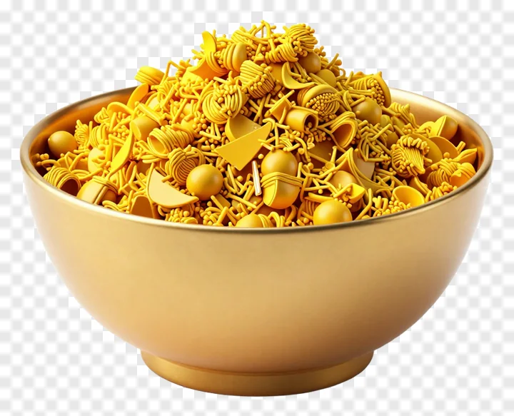 A gold-colored bowl filled to the top with bright yellow colored powder.