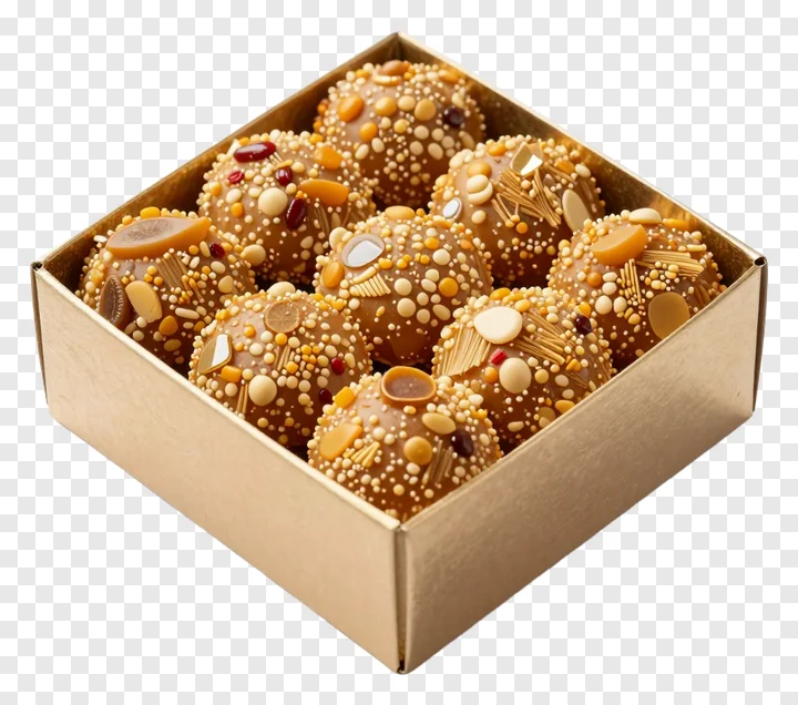 A box of golden Indian sweets with decorative toppings.