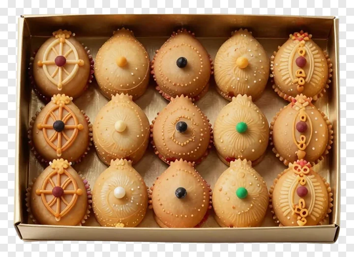 Box containing decorative Indian festival sweets for Diwali.
