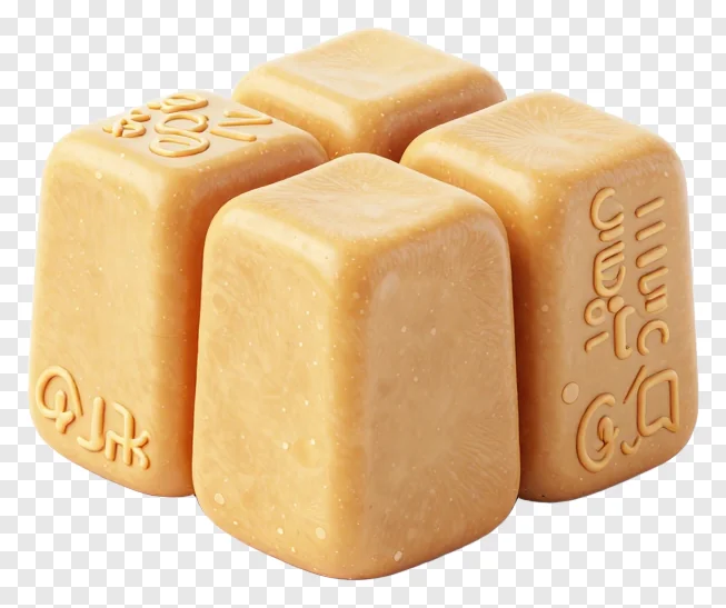 Four golden cubed sweets with text embossed on their sides.