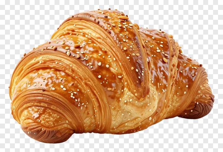 A golden glazed croissant with sesame seeds.