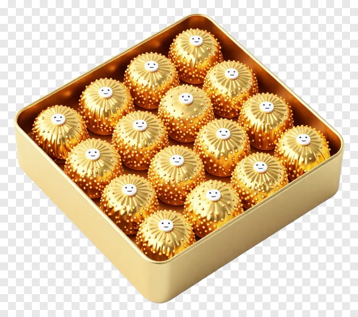 A box of golden ladoos with smiling faces.