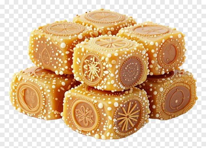 Stack of ornate, patterned Indian confections in gold tones.