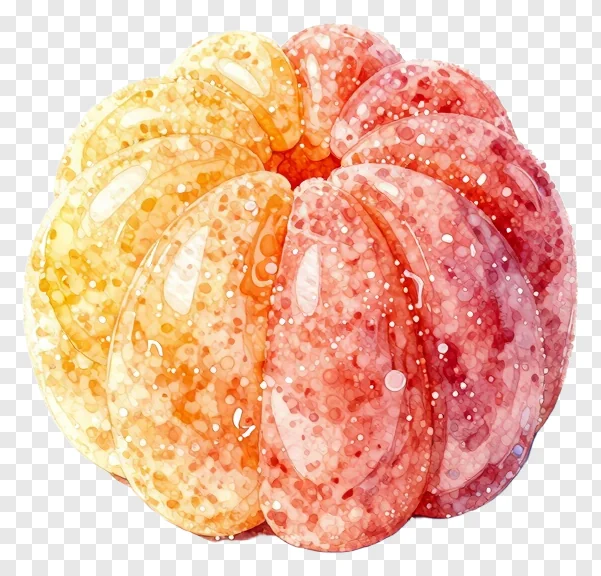 Cluster of glittered til ladoo sweets in yellow to pink gradient.