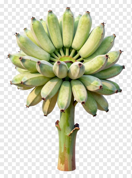 A cluster of green bananas on a stalk.