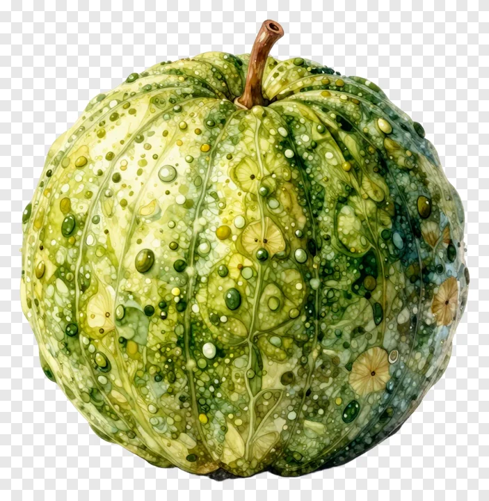 A green gourd with dew drops on its surface.