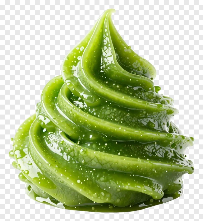 A swirl of green mint chutney with droplets.