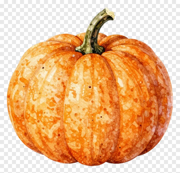 An orange pumpkin painted in watercolor with a green stem.
