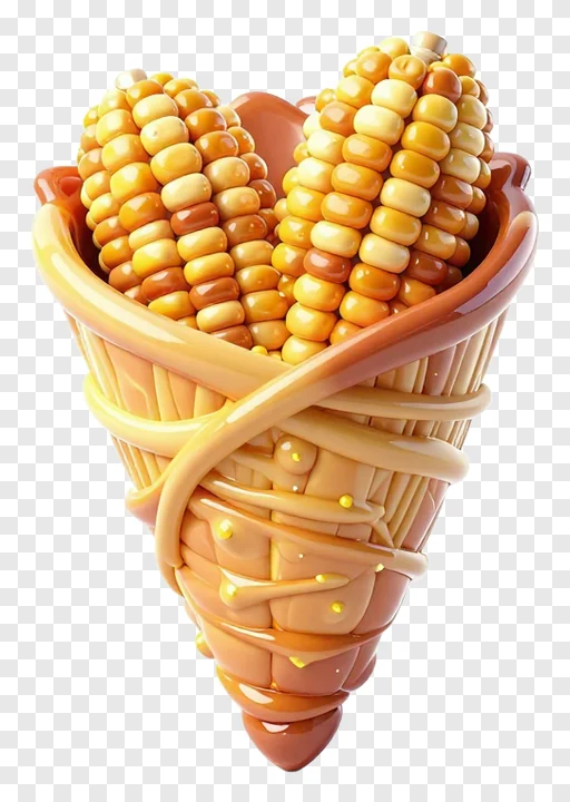 A heart-shaped cornucopia filled with corn cobs.