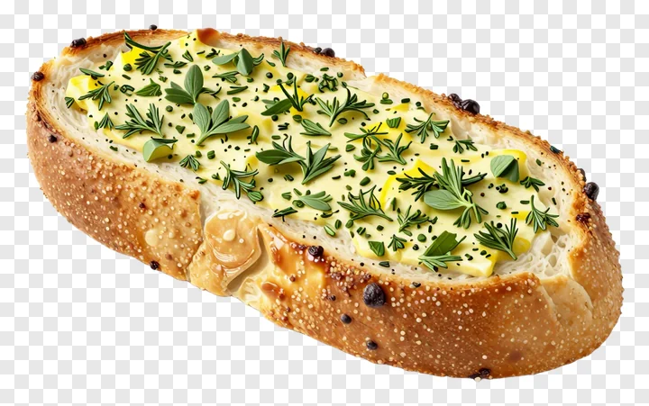 Slice of herb-topped garlic bread on a white background.