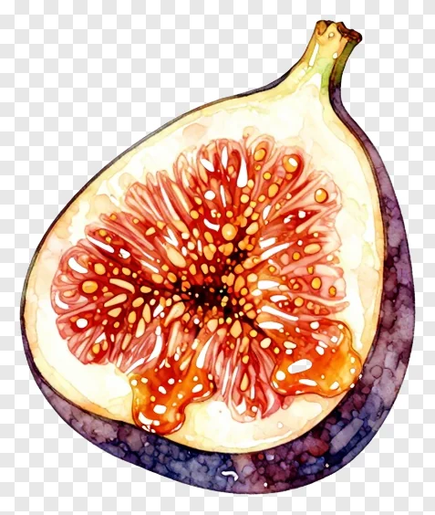 A sliced fig with honey-colored flesh and purple skin.