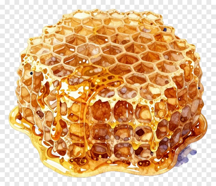 Honeycomb with honey drizzle flowing down its sides.