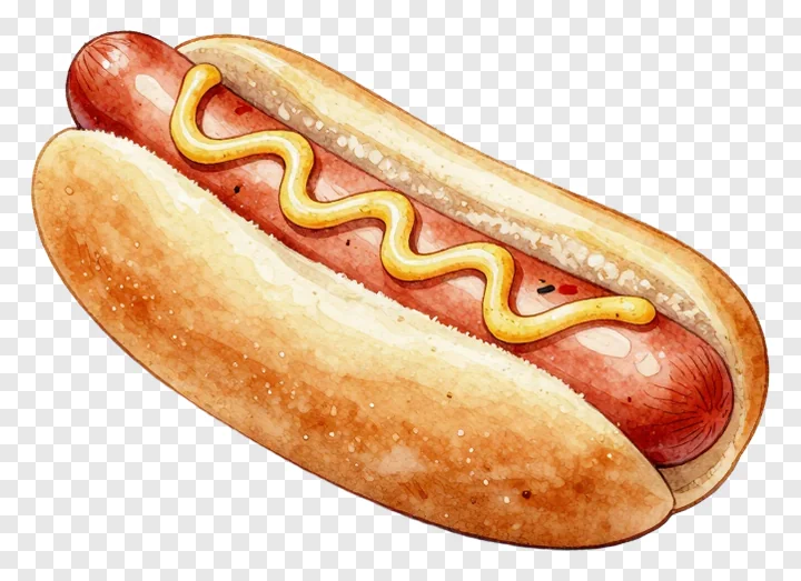 Hot dog in a bun with mustard.