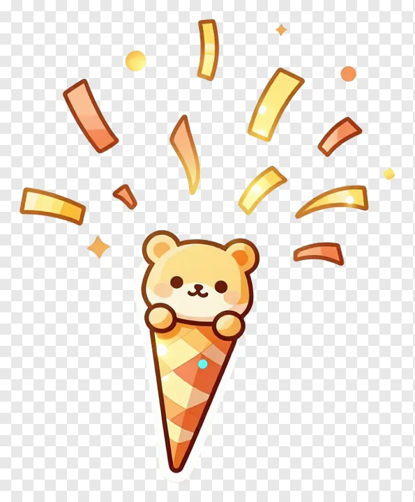 A bear in an ice cream cone with golden confetti.