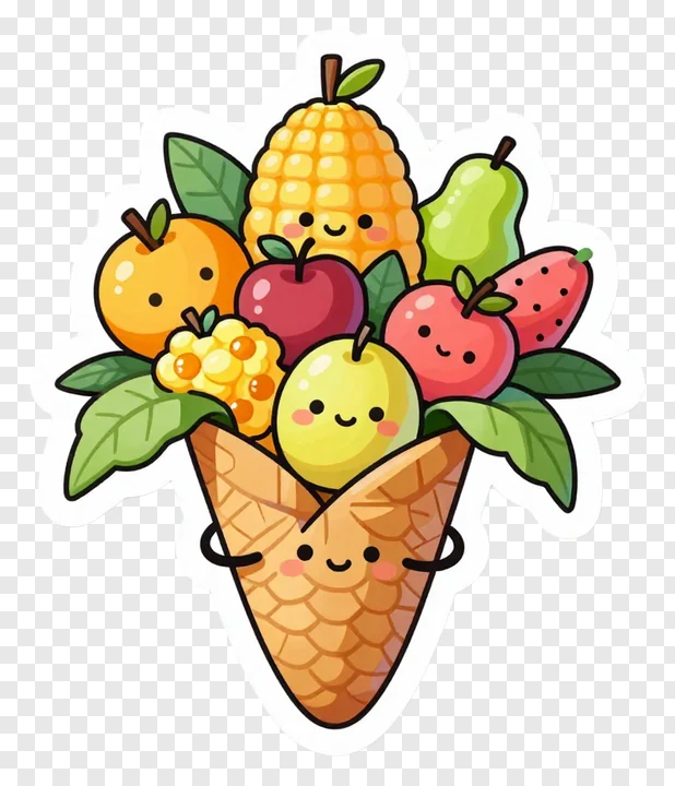 A kawaii-style ice cream cone filled with smiling fruits and vegetables.